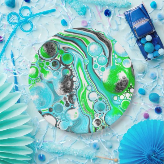 Lime Green und Blue Marmor wie Wirbel Blasen Pappteller (Party)
