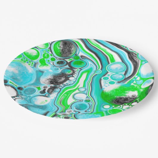 Lime Green und Blue Marmor wie Wirbel Blasen Pappteller (Schrägansicht)