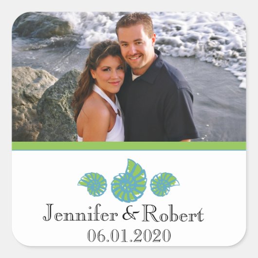 Lime Green und Türkis Seashell Wedding Quadratischer Aufkleber (Vorderseite)