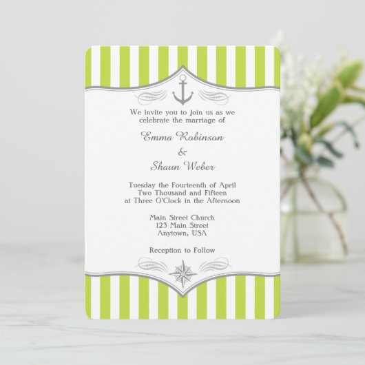 Lime Green White Gray Nautical Wedding Einladung (Stehend Vorderseite)