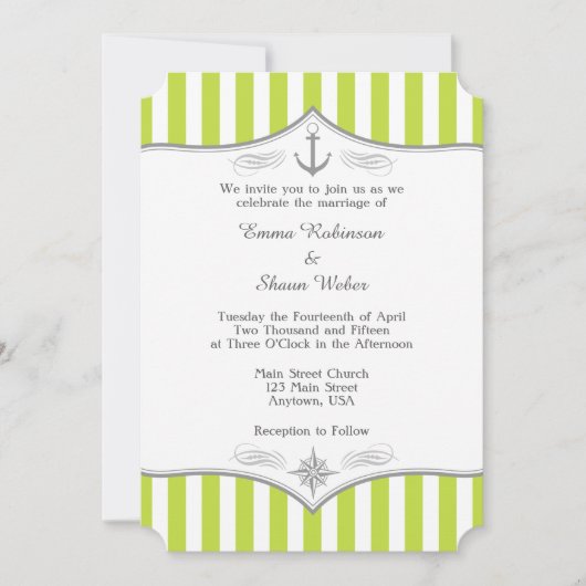 Lime Green White Gray Nautical Wedding Einladung (Vorderseite)