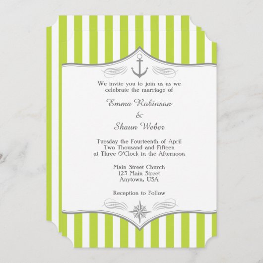 Lime Green White Gray Nautical Wedding Einladung (Vorne/Hinten)