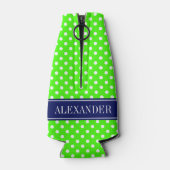 Lime Green White Polka Dots Navy Name Monogram Flaschenkühler (Rückseite)