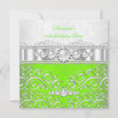 Lime Green White Silver Lace Pearl Birthday Party Einladung (Vorderseite)