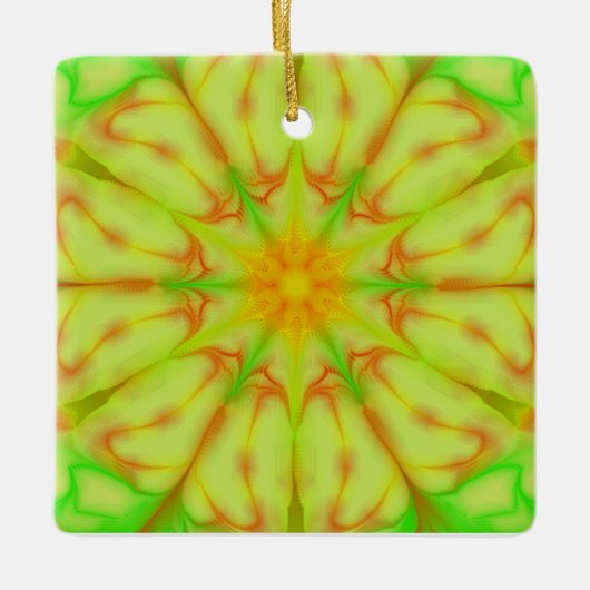 Lime Green Yellow Peach Fraktal Mandala Blume Keramikornament (Vorderseite)