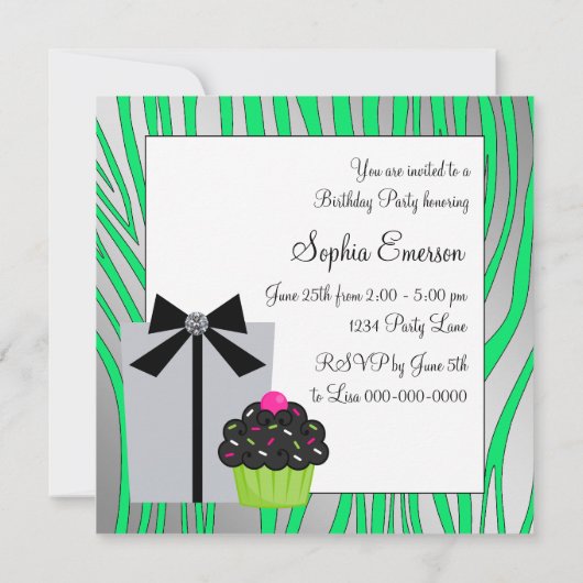 Lime Green Zebra Cake Cupcake Birthday Party Einladung (Rückseite)