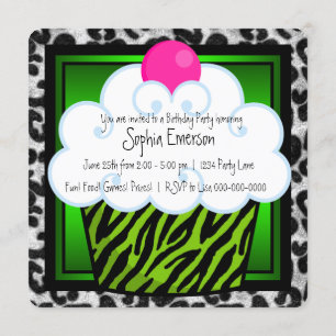 Lime Green Zebra Girls Cupcake Geburtstagsparty Einladung