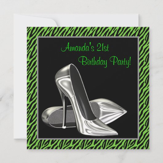Lime Green Zebra High Heels Geburtstagsparty Einladung (Vorderseite)