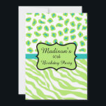 Lime Green Zebra Leopard 40. Geburtstag Einladung<br><div class="desc">Dieses stilvolle und raffinierte Party lädt Sie zu einem 40. Geburtstag ein. Die Zebrastreifen in Kalkgrün und Weiß sowie Leoparden- oder Geparkskins sorgen für ein trendiges und modernes Design. Ein in Schwarz umrissenes Linoleum auf einer türkisfarbenen aquamarinen blauen Bar und kreiert einen Personalisierungsbereich mit dem Namen des Geburtstagsmädchens und den...</div>