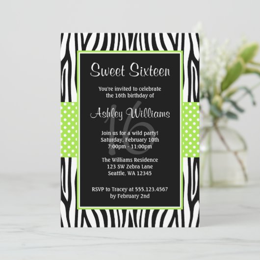 Lime Green Zebra Polka Dot Sweet 16 Einladungen (Stehend Vorderseite)