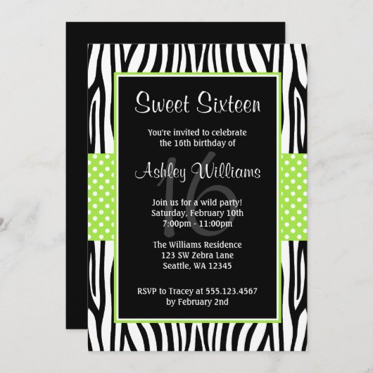 Lime Green Zebra Polka Dot Sweet 16 Einladungen (Vorne/Hinten)