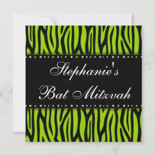 Lime Green Zebra Printed Diamonds Bat Mitzvah Einladung