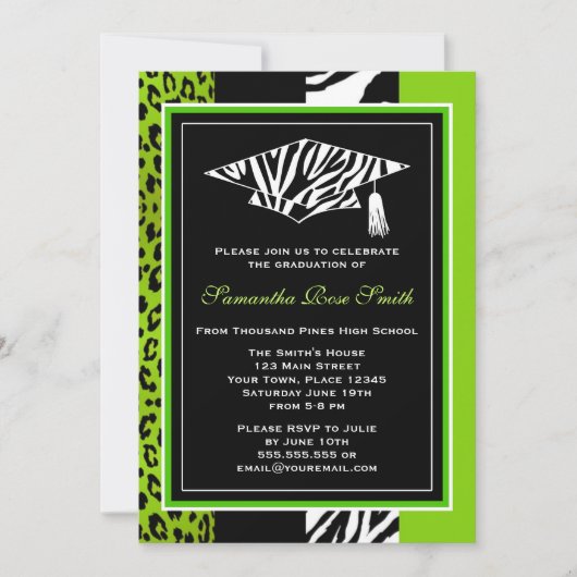 Lime Green Zebra und Leopard Print Abschluss Einladung (Vorderseite)