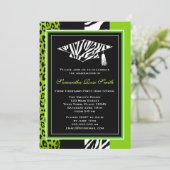 Lime Green Zebra und Leopard Print Abschluss Einladung (Stehend Vorderseite)