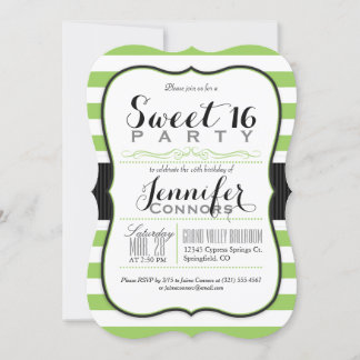 Limegrüne und weiße Streifen Sweet 16 Party Einladung