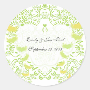 Limette Green Whimsical Love Birds Hochzeitsticker Runder Aufkleber