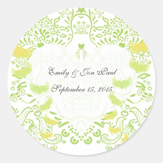 Limette Green Whimsical Love Birds Hochzeitsticker Runder Aufkleber (Vorderseite)