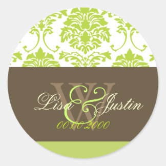 Limettengrün Damask Monogramm Hochzeitsticker Runder Aufkleber