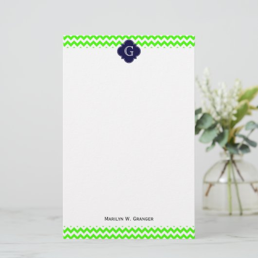 Limettengrünes Zickzack Navy-Quatrefolienmonogramm Briefpapier (Stehend Vorderseite)