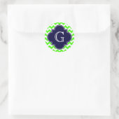 Limettengrünes Zickzack Navy-Quatrefolienmonogramm Runder Aufkleber (Tasche)