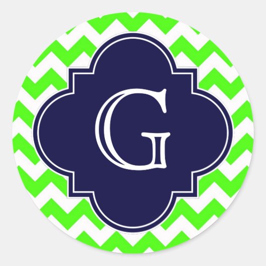 Limettengrünes Zickzack Navy-Quatrefolienmonogramm Runder Aufkleber (Vorderseite)