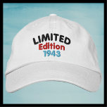 Limited Edition 1943 oder Birth Year, Funny Retro Bestickte Baseballkappe<br><div class="desc">Limited Edition Funny Retro bestickt Baseball Cap - Hat, 1943 oder Ihr Geburtsjahr. Viele Farben zur Auswahl. Einzigartiges Vintages Retro-Geburtstagsgeschenk für den alten Mann. Einfach Jahr oder Text ändern. Die Sample-Kappe ist weiß - Stickereifarben sind schwarz, rot und blau - am besten auf hellen Farbkappen. Alle Rechte vorbehalten © 2023...</div>