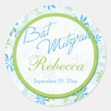 Limon, blau, weiß, floral 1,5" Runder Bat Mitzvah