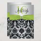 Limon, Silber und Schwarzer Damast Sweet 16 Einlad Einladung (Vorne/Hinten)
