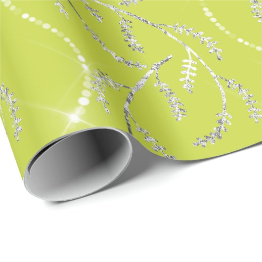 Limon Yellow Spark Laurel Floral Silver Diamonds Geschenkpapier (Rolleneckpunkt)