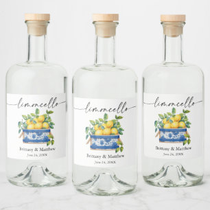 Limoncello Calligrafy Watercolor Lemons Blue Box Alkoholflaschenetikett
