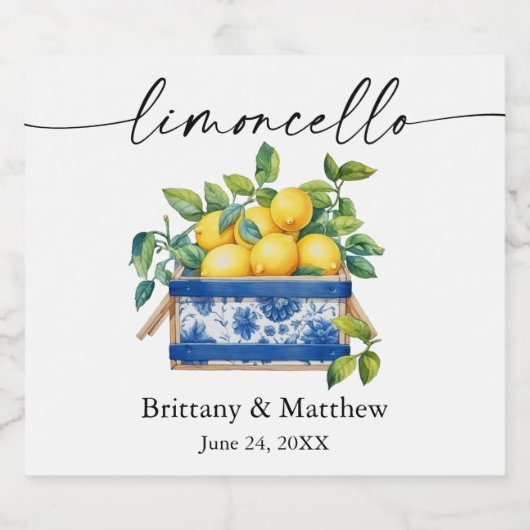 Limoncello Calligrafy Watercolor Lemons Blue Box Alkoholflaschenetikett (Einzelnes Label)