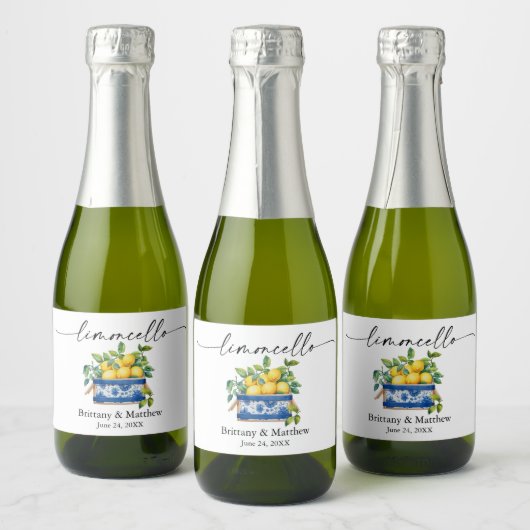 Limoncello Calligrafy Watercolor Lemons Blue Box Schaumweinetikett (Flaschen)