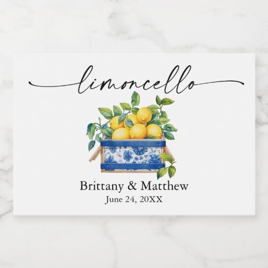 Limoncello Calligrafy Watercolor Lemons Blue Box Schaumweinetikett (Einzelnes Label)