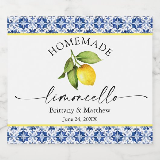 Limoncello Calligraphy Blue Tile Watercolor Lemon Alkoholflaschenetikett (Einzelnes Label)