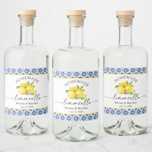 Limoncello Calligraphy Blue Tile Watercolor Lemons Alkoholflaschenetikett (Flaschen)
