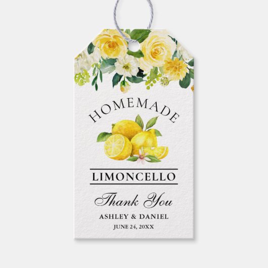 Limoncello Hochzeit mit floralen Lemons Geschenkanhänger (Vorderseite)