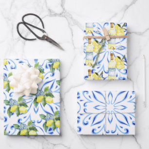 Limoncello Italian Blue Tiles Lemons Cocktail Geschenkpapier Set