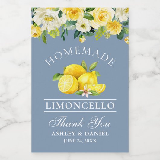 Limoncello Lemons Floral Dusty Blue Mini Weinetikett (Einzelnes Label)