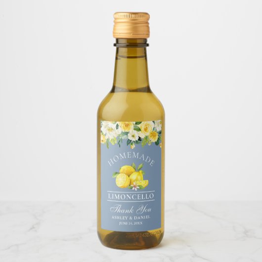 Limoncello Lemons Floral Dusty Blue Mini Weinetikett (Vorderseite)
