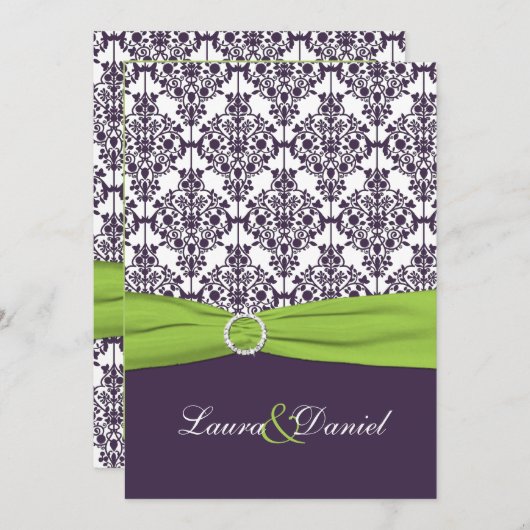 Limone das DRUCKband, lila Damast-Hochzeit laden Einladung (Vorne/Hinten)