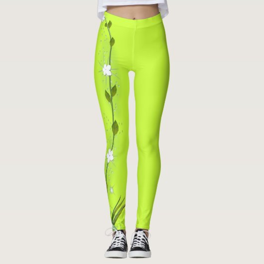 Limone grüne Leggings mit Vining Blume auf einem (Vorderseite)