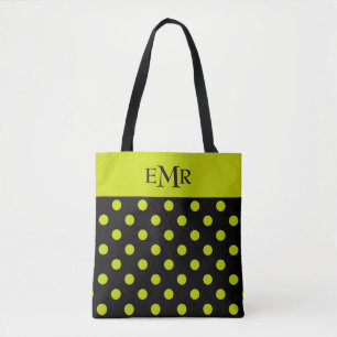 Limone grüne Polka-Punkte auf schwarzem Monogramm Tasche