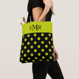 Limone grüne Polka-Punkte auf schwarzem Monogramm Tasche