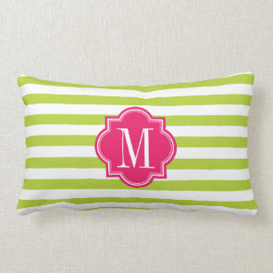 Limone grüne Streifen mit heißes Rosa-Monogramm Lendenkissen