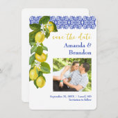Limone I Italian Lemon & Blue Tile Save the Date Einladung (Vorne/Hinten)