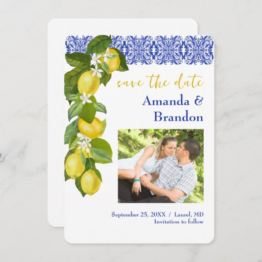 Limone I Italian Lemon & Blue Tile Save the Date Einladung (Vorne/Hinten)