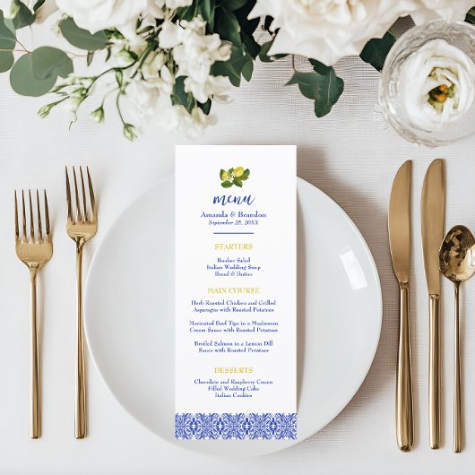 Limone I Italian Lemon & Blue Tile Wedding Menu Menükarte