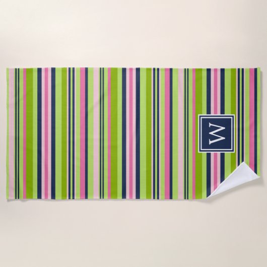 Limone, rosa und navy Strip Monogramm Strandtuch (Vorderseite)
