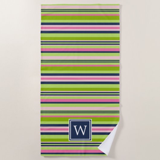 Limone, rosa und navy Strip Monogramm Strandtuch (Vorderseite)