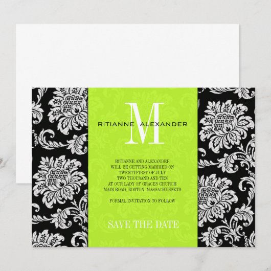 Limone Schwarz-Monogramm-Damaskus-Hochzeit Save th Einladung (Vorne/Hinten)